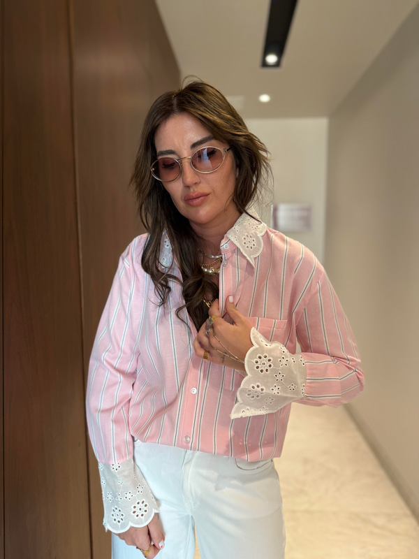 Yaka & Manşet Fistolu , Pembe , Çizgili Gömlek