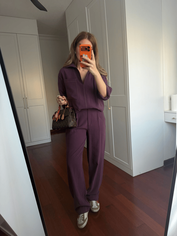 Orijinal Model , Beyaz Dikiş Detaylı , Tok Tencel , Mürdüm Takım