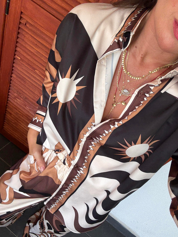 Orijinal Model , Beli Lastikli , Pantolon & Gömlek , Desenli , Acıkahve Saten Takım