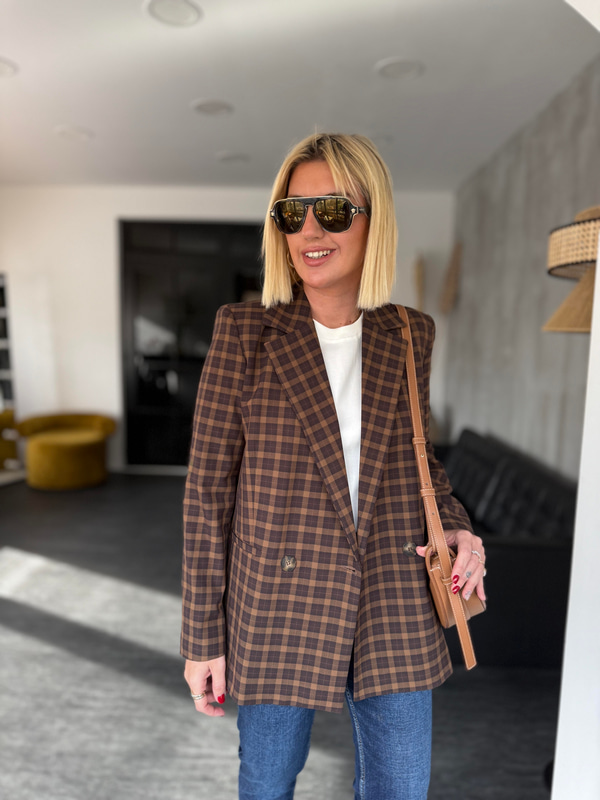 Kahverengi Ekoseli , Premium Blazer Ceket