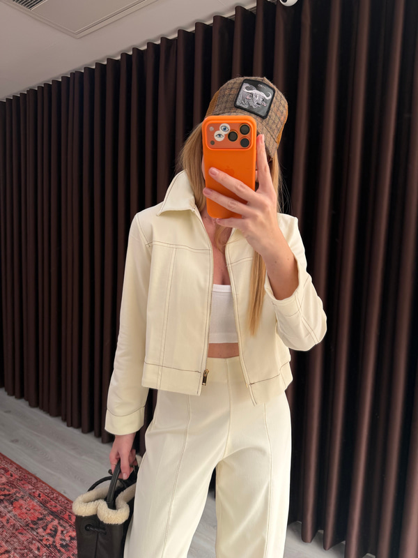 Önden Fermuarlı , Açık Bej , Likralı Gabardin Ceket