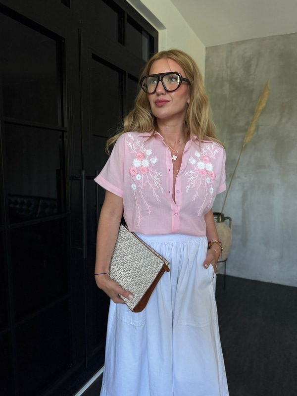 %100 Cotton , Çiçek Nakışlı Pembe Gömlek 