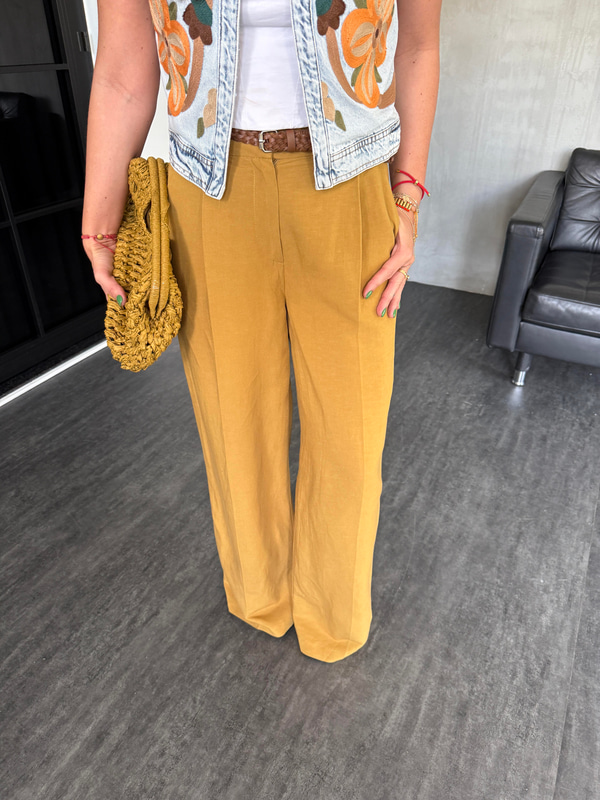 Hasır Kemerli , Yağ Yeşili , Premium Keten , Palazzo