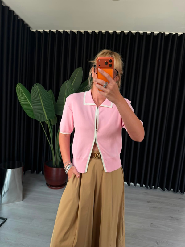 Çift Fermuarlı , Beyaz Biyeli , Pembe Merserize
