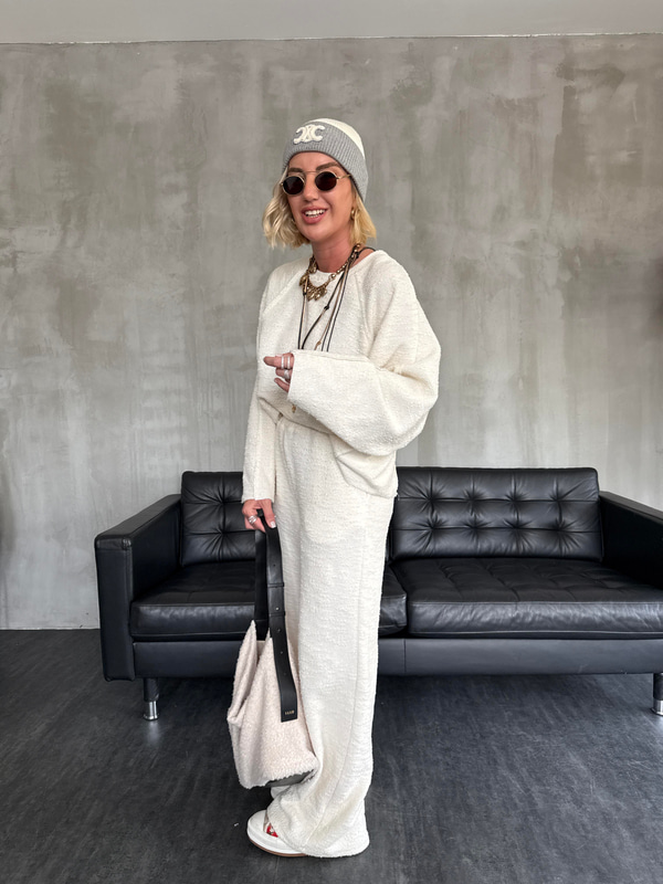 Dokulu Sweat & Pantolon , Ekru Takım
