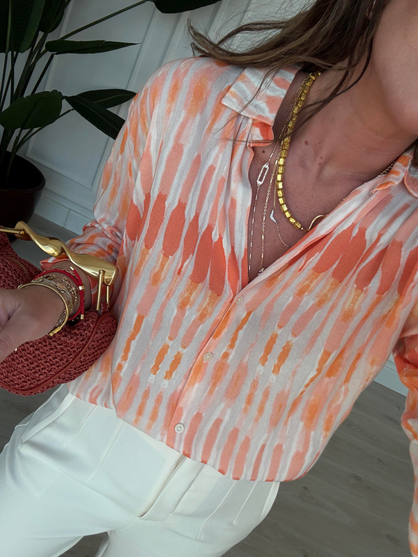 V Yaka , Oranj & Bej , Batik Desenli Gömlek