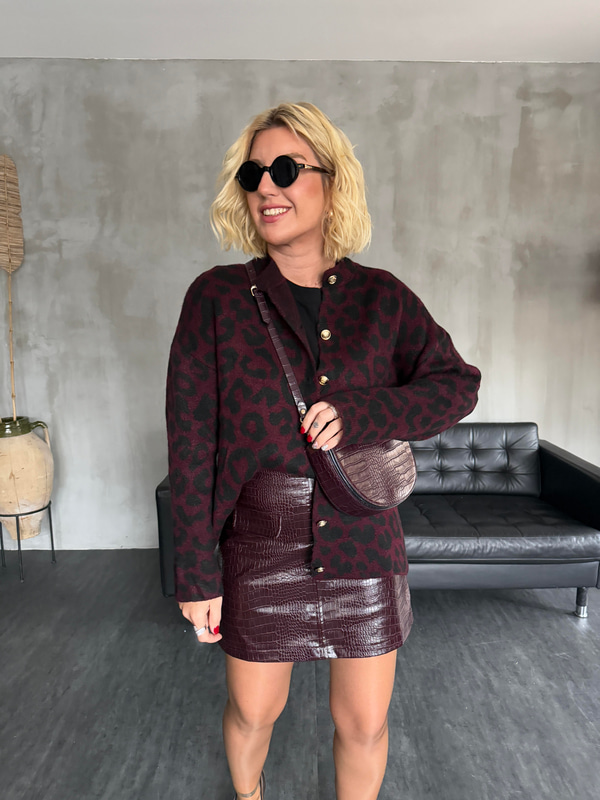 Bordo Leopar Desenli , Gold Düğmeli , Triko Ceket