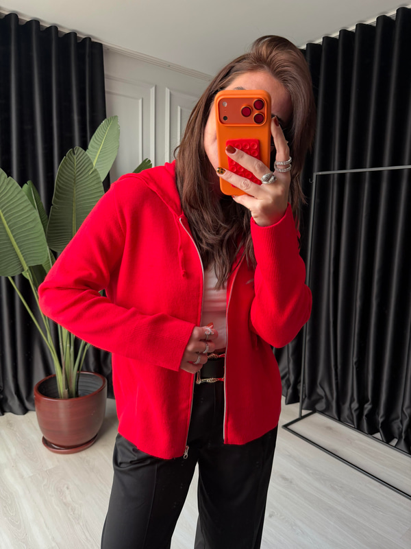Kırmızı , Kapüşonlu , Fermuarlı Triko Sweatshirt