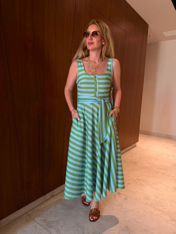 Orijinal Model , Yeşil & Mavi Çizgili , Kuşaklı Elbise