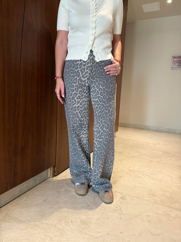 Gabardin Kumaş , Füme Leopar Desenli , Palazzo Pantolon