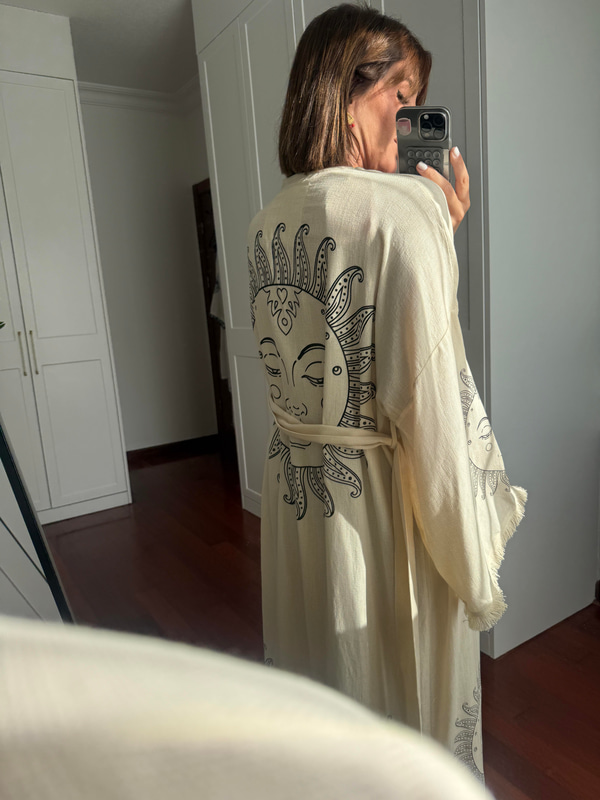 Güneş Desen İşlemeli , Taş Rengi Kimono
