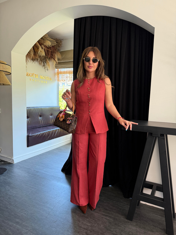 Gold Düğmeli , Kiremit , Keten , Yelekli Takım