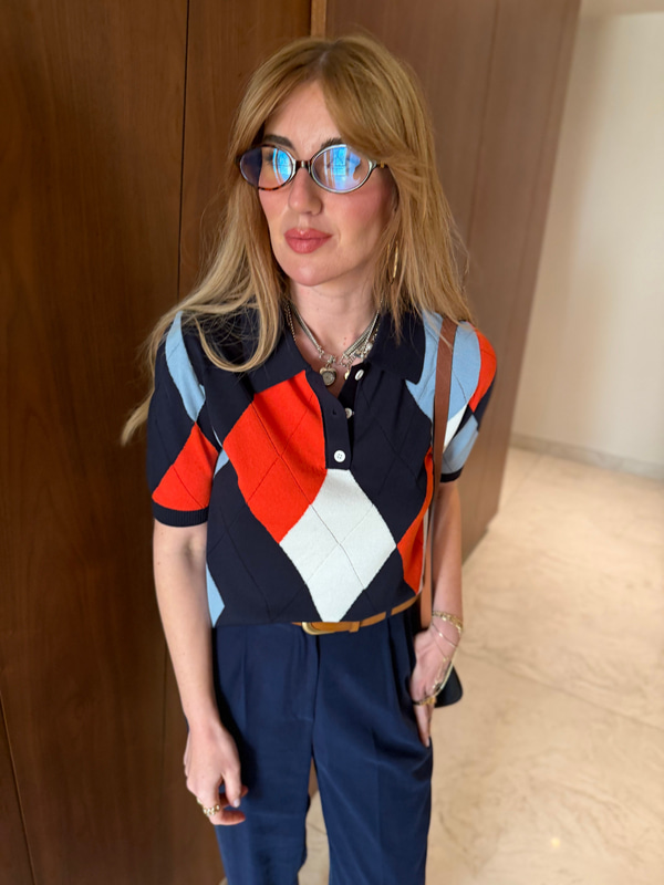 Lacivert & Oranj Baklava Desenli , Polo Yaka Merserize