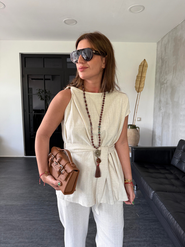 Omzu Burmalı , Bej , Keten , Bluz Takım