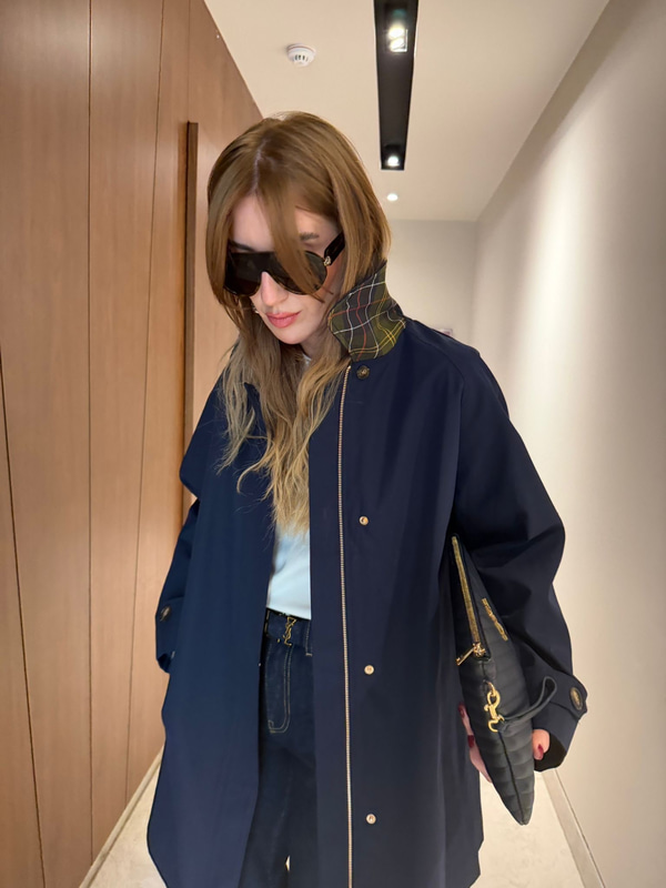 Yakası Ekoseli , Premium Lacivert Trençkot