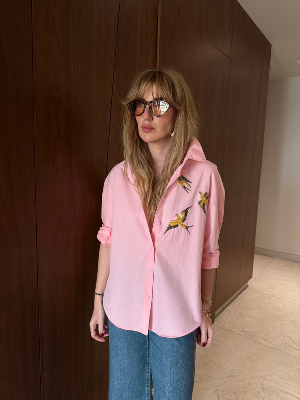 Boncuk Kuş İşlemeli , Pembe Poplin Gömlek