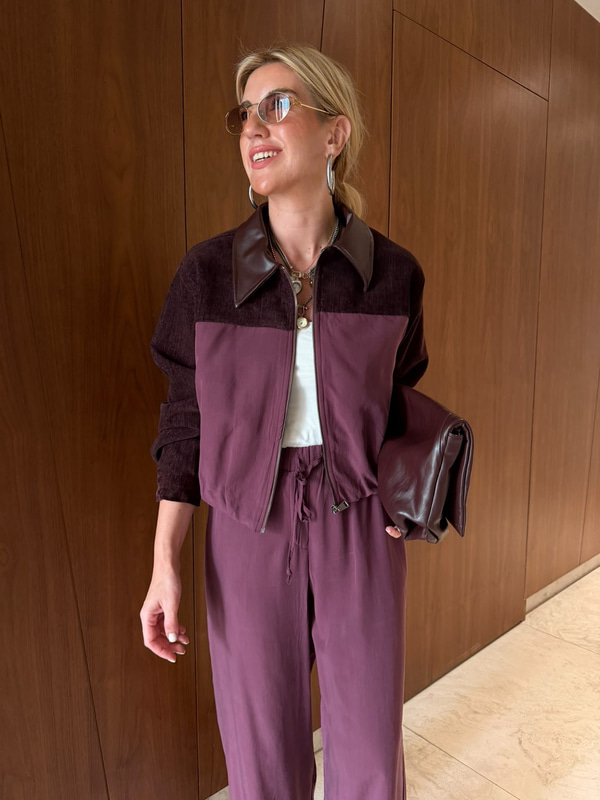 Orijinal Model , Deri Yakalı , Kadife Detaylı , Mürdüm Tencel Takım