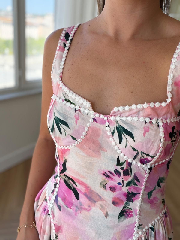  Biyeli Floral Desen Elbise 