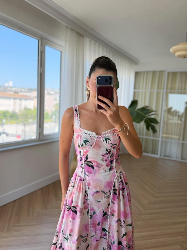  Biyeli Floral Desen Elbise 