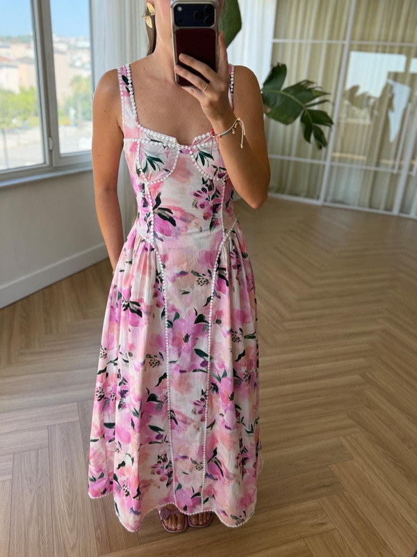  Biyeli Floral Desen Elbise 