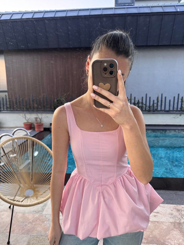 Altı Balon Kesim Pembe Bluz