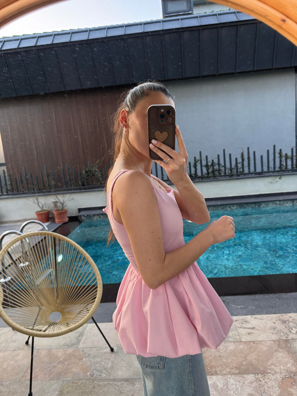 Altı Balon Kesim Pembe Bluz