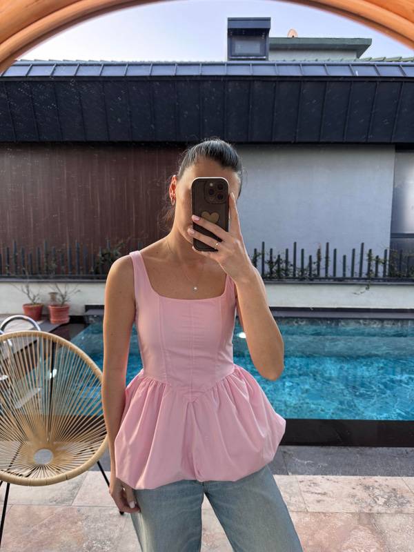 Altı Balon Kesim Pembe Bluz