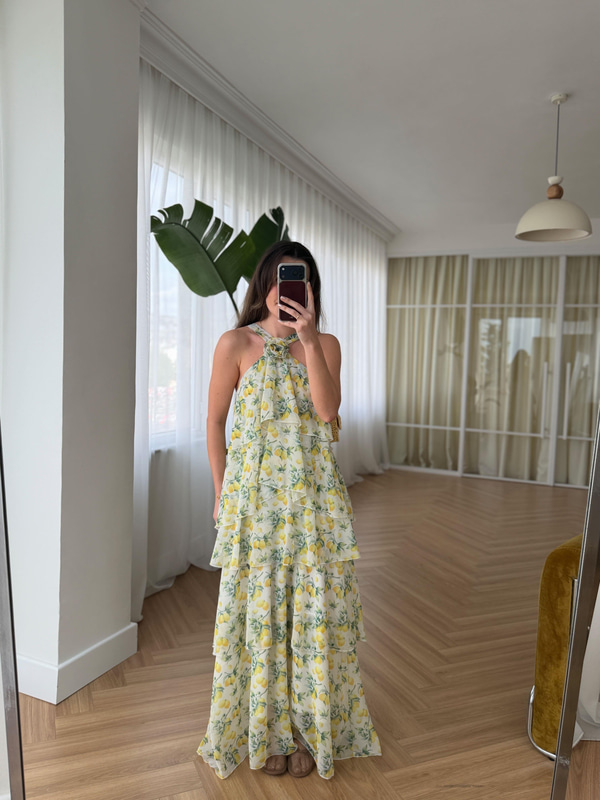 Amalfi Limon Desenli Kat Etekli Elbise