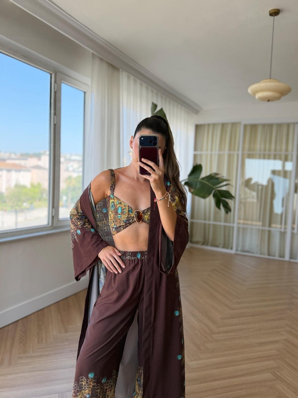 Amber Taşlı Büstiyerli Üçlü Kimono Takım