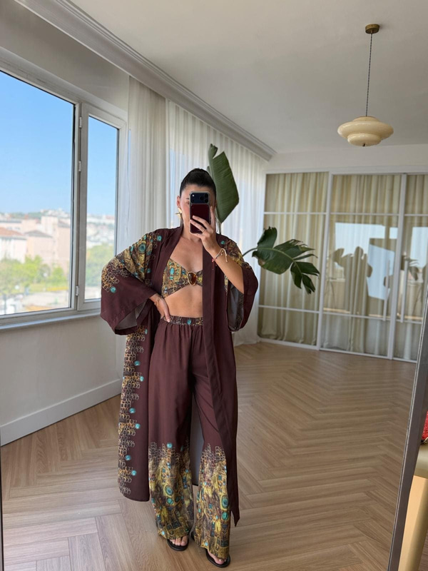 Amber Taşlı Büstiyerli Üçlü Kimono Takım