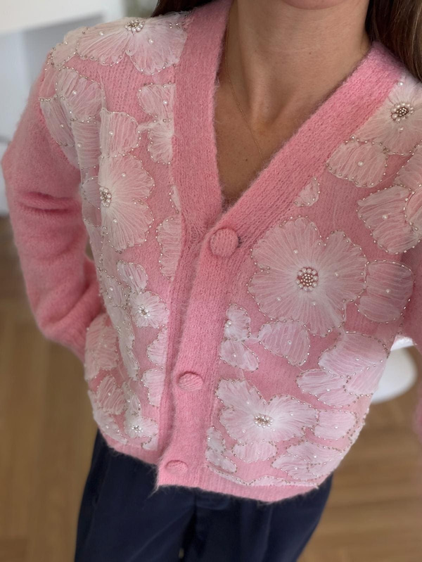 Amour Çiçek Aplikeli Pembe Hırka