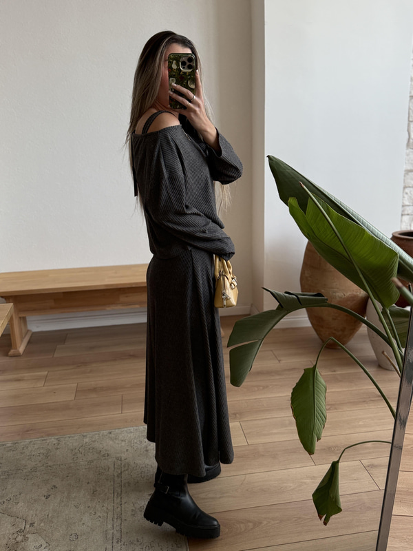 Antrasit Fitilli Örme Bluz Elbise Takım