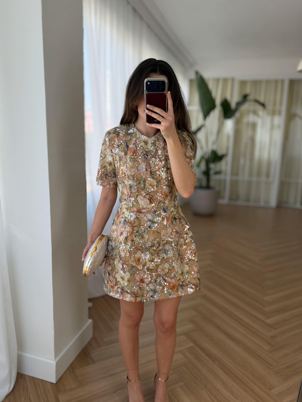 Ariana Çiçek Aplikeli Payetli Tasarım Elbise