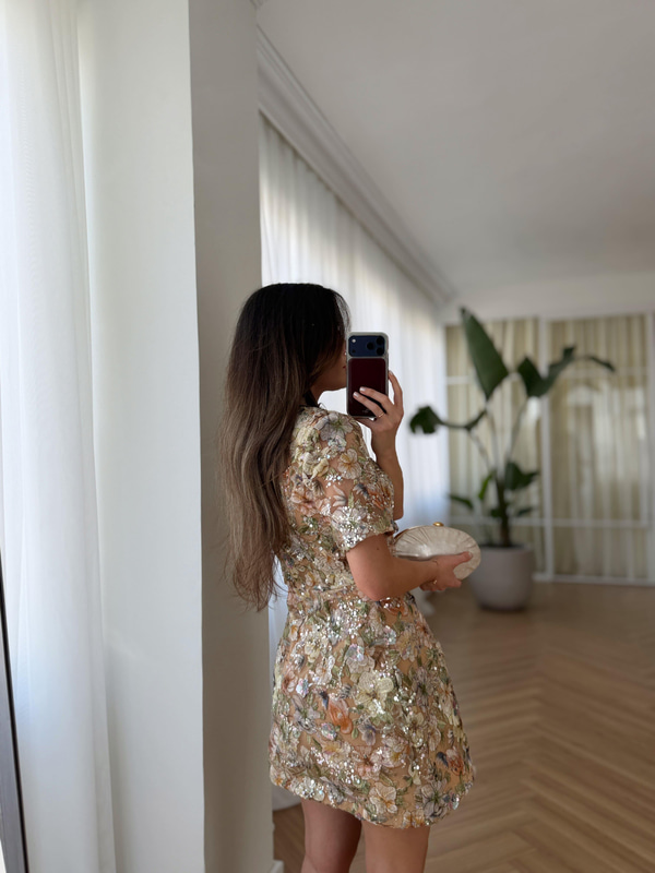 Ariana Çiçek Aplikeli Payetli Tasarım Elbise