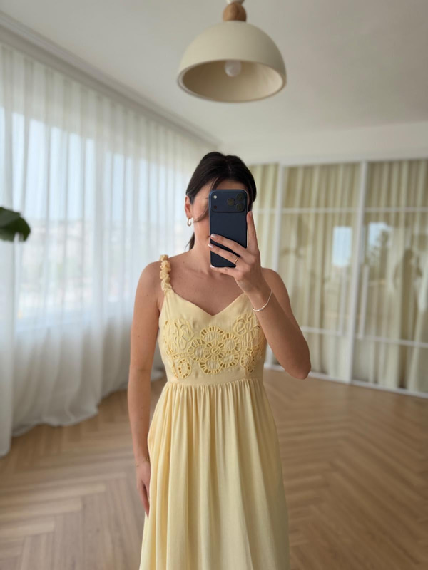 Askılı Nakışlı Sarı Tencel Elbise 