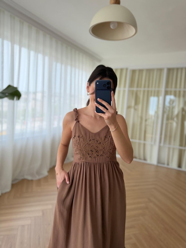 Askılı Nakışlı Vizon Tencel Elbise 