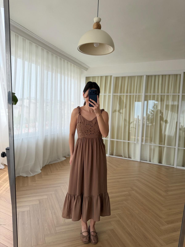 Askılı Nakışlı Vizon Tencel Elbise 