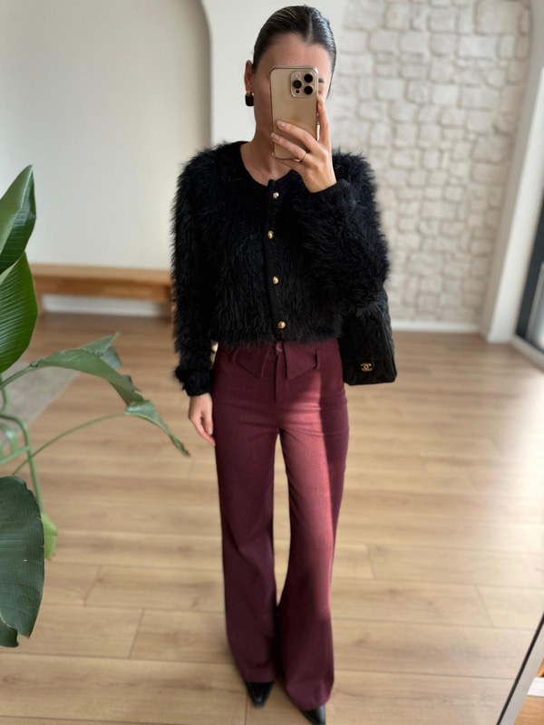 Bel Detaylı Mürdüm Pantolon