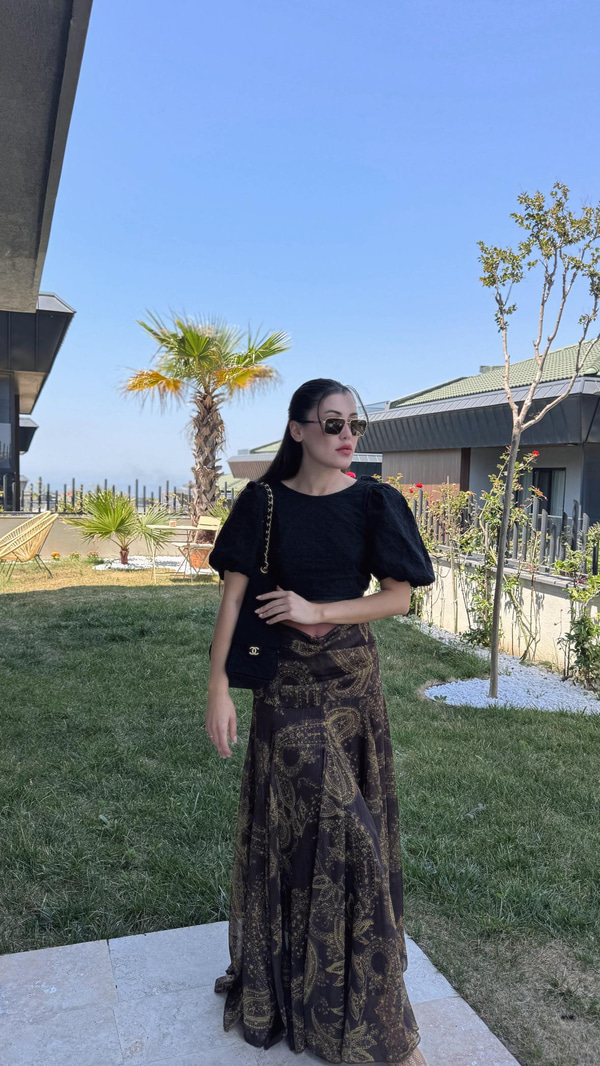 Bel Detaylı Şal Desen Şifon Etek
