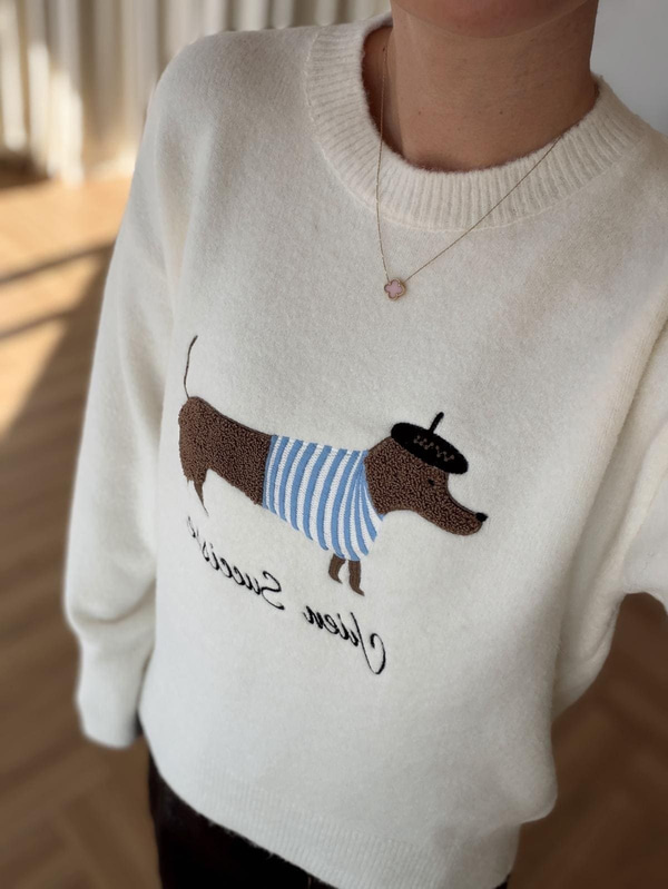 Bobi Köpek Nakışlı Ekru Kazak