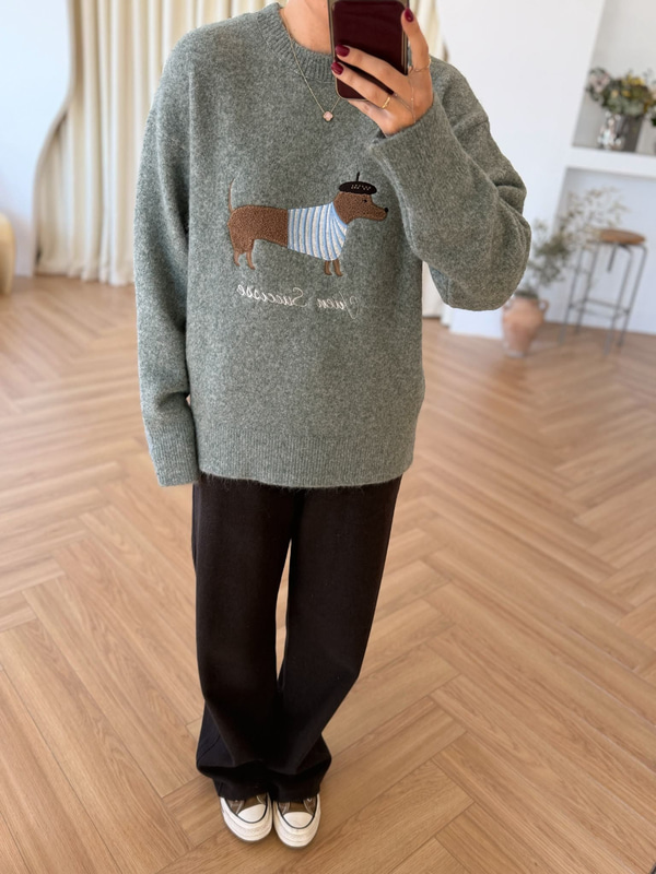 Bobi Köpek Nakışlı Mint Yeşili Kazak