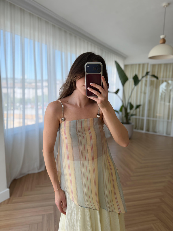 Boncuklu Çizgili Askılı Bluz