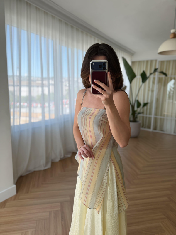 Boncuklu Çizgili Askılı Bluz