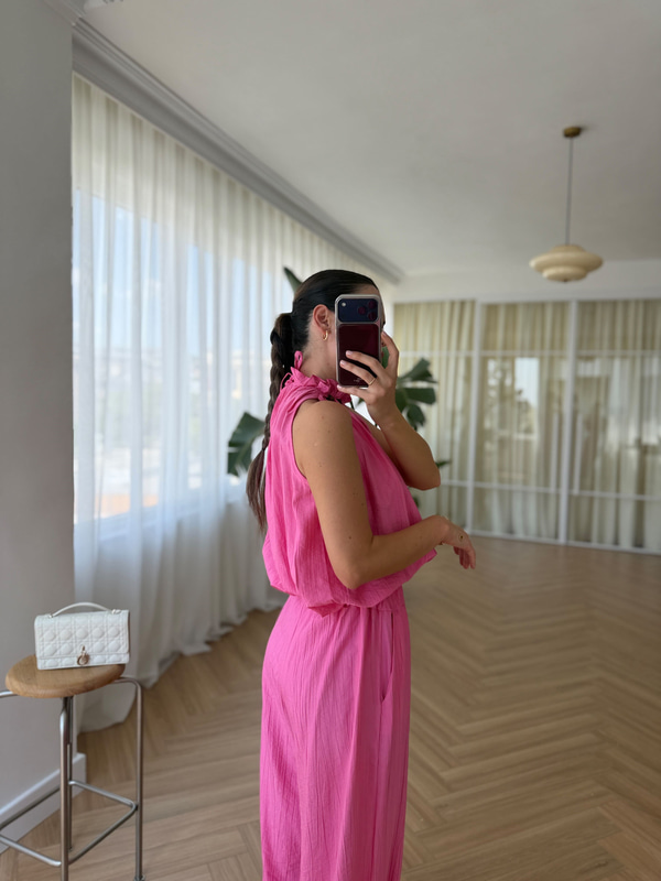 Boncuklu Fuşya Bluz Pantolon Takım