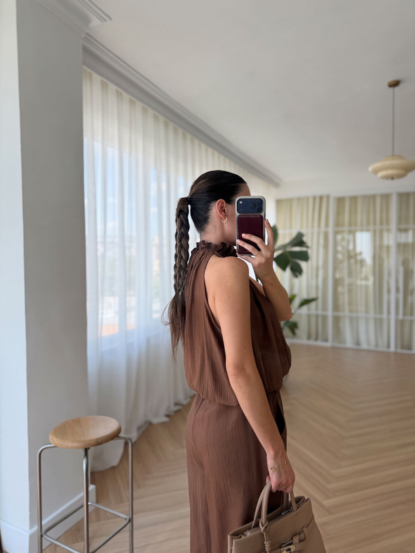Boncuklu Kahverengi Bluz Pantolon Takım