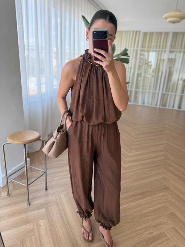 Boncuklu Kahverengi Bluz Pantolon Takım