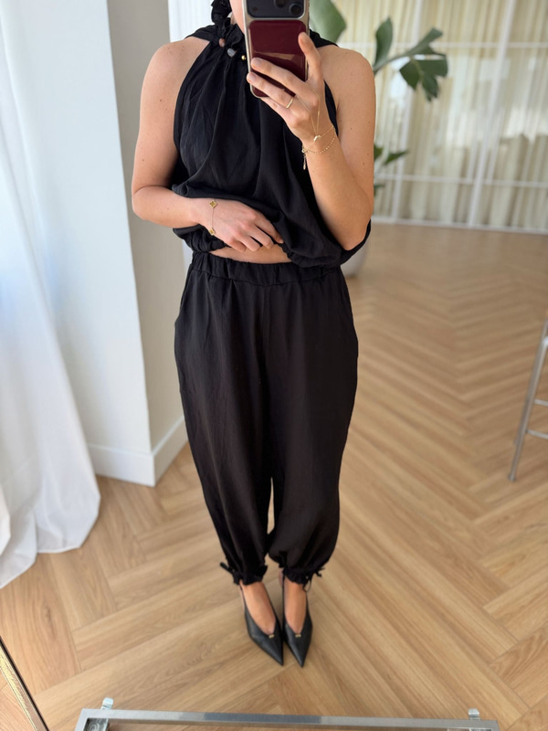 Boncuklu Siyah Bluz Pantolon Takım 