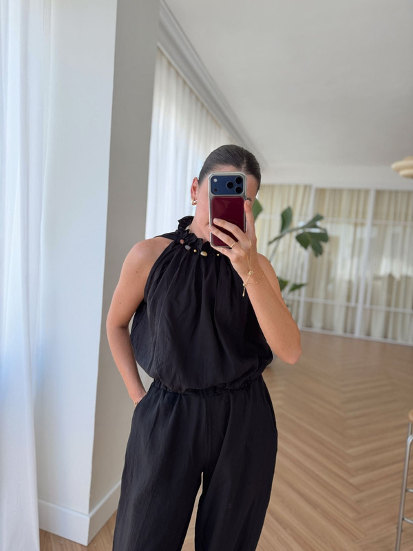 Boncuklu Siyah Bluz Pantolon Takım 