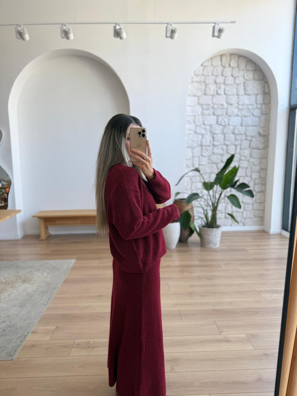 Bordo Etek Kazak Triko Takım