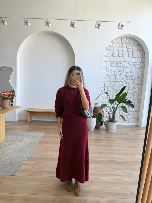 Bordo Etek Kazak Triko Takım